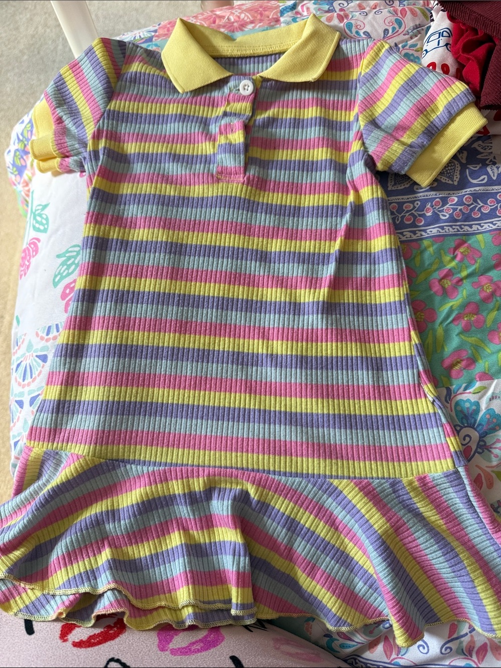 Girls' Yellow Collar Striped Polo Dress - Pastel Stripe
